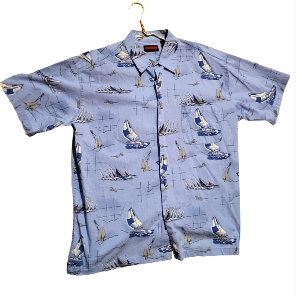 Wolverine Men's Blue Sail Boat Hawaiian Button Down 100% Cotton Shirt Sz XL - Picture 1 of 5